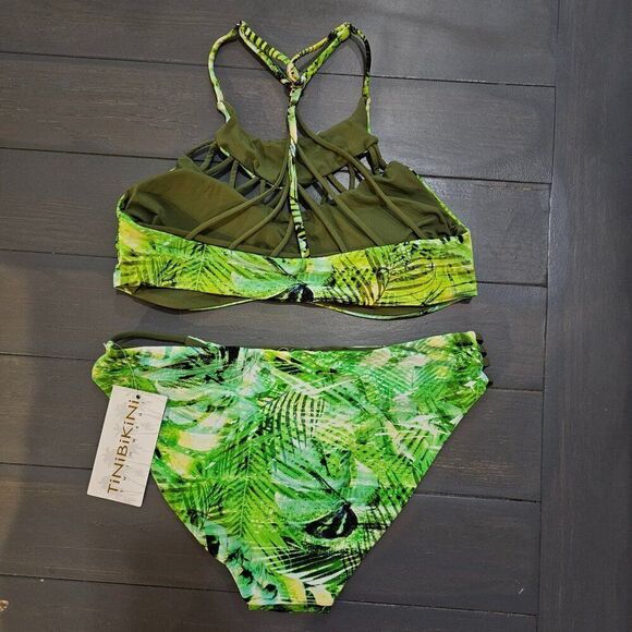 TiniBikini Women's Tropical Green Reversible high neck Bikini Set Size Medium - Picture 3 of 9